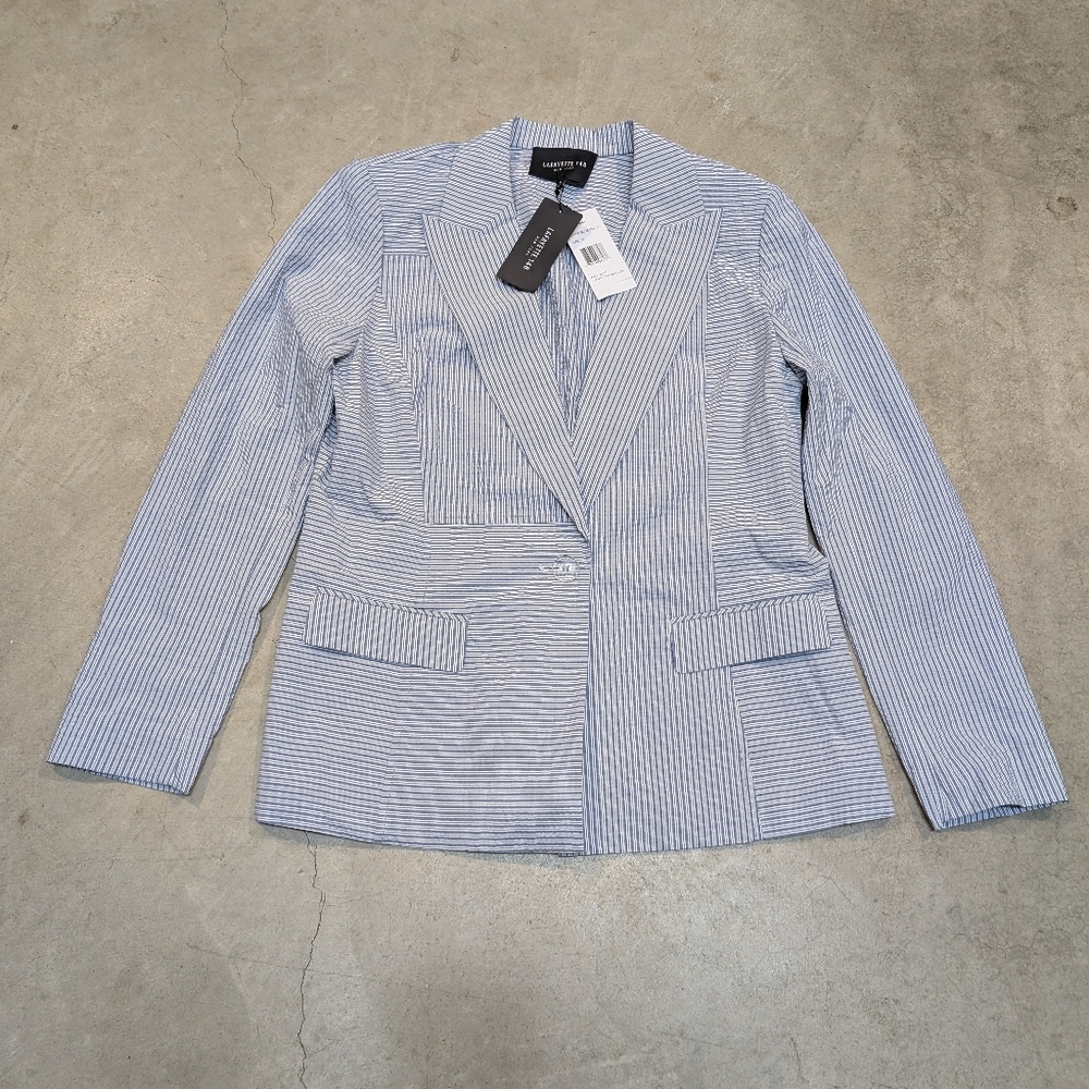 NWT Lafayette 148 Placid Blue Multi Blazer Women's 12 Seersucker MJAW4R-9664